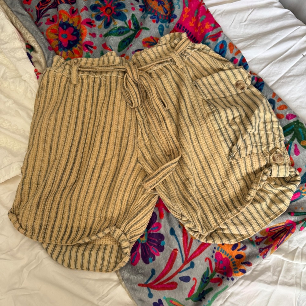 FP One Free People Striped Paperbag Shorts Tan Black Boho Cotton Waffle Small - Picture 2 of 14
